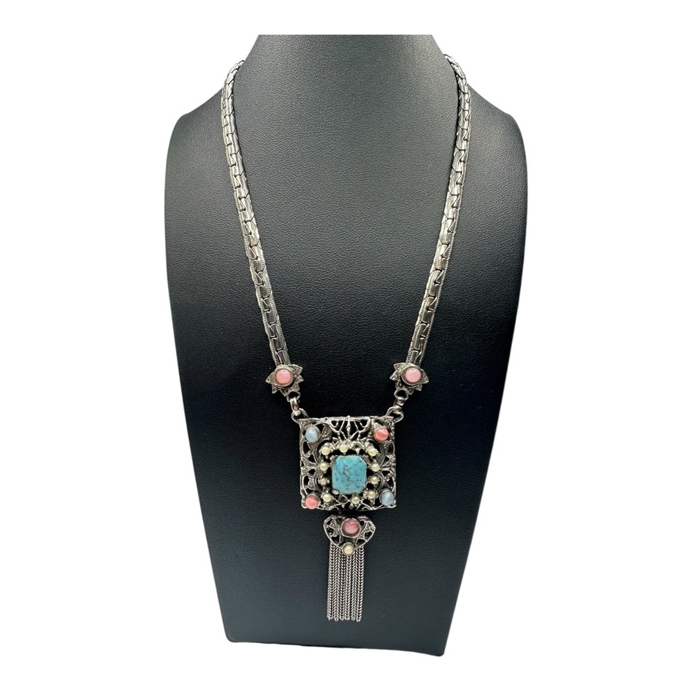 Vintage Etruscan Choker Necklace Tassel Heart Silver Tone Unsigned MCM Statement